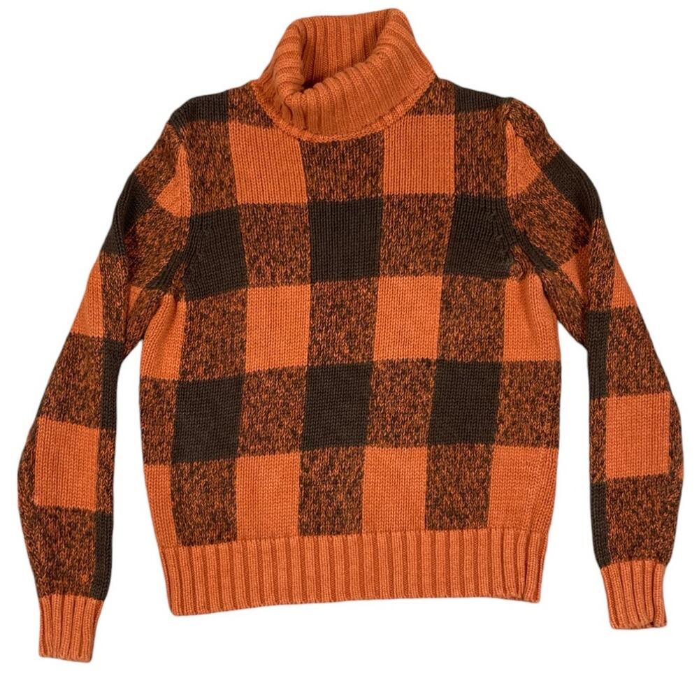 Nine & Company Womens Size S Fall Orange Brown Plaid Turtleneck Knit Sweater